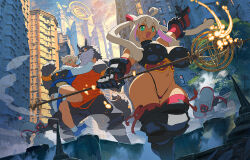  1boy 1other 2girls :d ahoge animal_nose arm_up armor backpack bag bare_legs bare_shoulders bikini bikini_armor black_bag black_bikini black_gloves black_shorts blue_hoodie blue_shoes breasts breasts_apart building cape cloud curvy dagger dark-skinned_female dark_skin fantasy furry furry_male gloves green_eyes grey_fur hair_between_eyes hands_up highleg highleg_bikini holding holding_dagger holding_knife holding_staff holding_weapon hood hood_down hood_up hoodie hug huge_breasts knife legs_apart legs_together light_blush long_hair long_sleeves looking_at_viewer looking_back multiple_girls muscular muscular_male navel nouzui oerba_yun_fang open_mouth orange_eyes original outdoors pants red_eyes shoes short_hair short_shorts shorts skin_fang sleeveless smile socks staff standing standing_on_one_leg stomach straight_hair swimsuit thick_arms thick_eyebrows thick_thighs thigh_armor thighs thong_bikini weapon white_cape white_hair white_hoodie white_pants white_socks wide_hips 