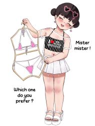  bikini black_hair double_bun eyewear_on_head female hair_bun highres kitavana micro_bikini mole mole_on_thigh mole_under_mouth navel original short_hair simple_background sunglasses swimsuit swimsuit_hanger white_background 