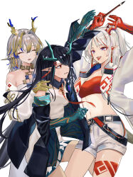  3girls :o absurdres anger_vein angry arknights arm_up arms_up bandeau bare_shoulders black_hair black_jacket blonde_hair blue_hair clenched_teeth closed_eyes colored_extremities commentary crop_top dragon_girl dragon_horns dress dusk_(arknights) earrings eye_contact grey_hair hair_between_eyes hair_intakes hair_over_one_eye hand_on_another&#039;s_shoulder highres holding holding_paintbrush horns jacket jewelry long_hair long_sleeves looking_at_another medium_hair midriff multicolored_hair multiple_girls navel necklace necktie nian_(arknights) off_shoulder one_eye_covered open_clothes open_jacket open_mouth orange_eyes outstretched_arm paintbrush pointy_ears purple_eyes red_bandeau red_hair red_necktie shorts shu_(arknights) siblings simple_background sisters smile streaked_hair takiren teasing teeth tongue tongue_out white_background white_dress white_hair white_jacket white_shorts 