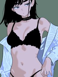  black_hair black_panties blue_eyes bra breasts choker closed_mouth female green_background highres long_hair looking_at_viewer minminmince mole navel off_shoulder open_clothes original panties simple_background solo underwear 