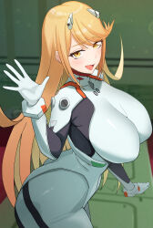  absurdres ayanami_rei ayanami_rei_(cosplay) blonde_hair blurry blurry_background blush bodysuit breasts cosplay cowboy_shot english_commentary female highres huge_breasts long_hair looking_at_viewer mecha_pilot_suit mythra_(xenoblade) neon_genesis_evangelion open_mouth oruru63100814 plugsuit_(evangelion) solo very_long_hair waving white_bodysuit xenoblade_chronicles_(series) xenoblade_chronicles_2 yellow_eyes 