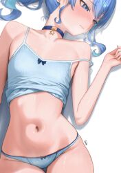  absurdres averting_eyes blue_choker blue_eyes blue_hair blue_panties blush bow bow_panties camisole choker closed_mouth commentary crop_top diptip double-parted_bangs english_commentary female flat_chest hair_between_eyes highres hololive hoshimachi_suisei linea_alba lying medium_hair midriff navel no_pants on_back panties pendant_choker side_ponytail sidelocks simple_background solo spaghetti_strap star_(symbol) star_in_eye star_pendant symbol_in_eye underwear virtual_youtuber white_background 