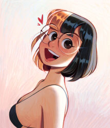  absurdres bikini black_bikini black_eyes black_hair blonde_hair breasts commentary english_commentary female friedbaens from_side glasses heart highres looking_at_viewer multicolored_hair open_mouth original round_eyewear short_hair smile solo sparkle swimsuit teeth two-tone_hair upper_body upper_teeth_only 