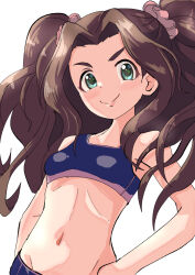 breasts brown_hair female green_eyes hair_ornament hair_scrunchie hand_on_own_hip highres idolmaster idolmaster_cinderella_girls kusakabe_wakaba long_hair midriff navel nonchan scrunchie small_breasts smile solo white_background 