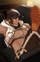  1boy abs belt brown_hair dog_tags highres indie_virtual_youtuber jacket kite_hasegawa male_focus medakawaii muscular muscular_male open_clothes open_jacket shoes sneakers yellow_eyes 