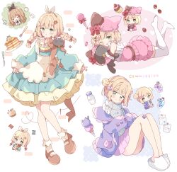 absurdres animal_hat apron blonde_hair blue_dress blush borrowed_character bottle bow braid brown_shoes cardigan cat_hat chibi closed_mouth commentary_request commission cupcake dress female food fork frilled_dress frills full_body green_eyes grey_sweater hairbow hat hat_bow highres holding holding_stuffed_toy ice_cream knife long_sleeves looking_at_viewer mary_janes microphone milk_bottle multiple_scoops multiple_views one_eye_closed open_cardigan open_clothes open_mouth original pancake pink_hat pink_skirt plate pleated_skirt purple_cardigan red_bow shoes short_hair sitting skeb_commission skirt slippers smile socks standing stuffed_animal stuffed_cat stuffed_toy sweater thighhighs tsukiyo_(skymint) twin_braids white_apron white_slippers white_socks white_thighhighs 
