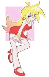  blonde_hair blush_stickers bracelet breasts commentary dress english_commentary female full_body harley3up high_heels highres jewelry long_hair looking_at_viewer necklace panties panty_&amp;_stocking_with_garterbelt panty_(psg) panty_pull pink_panties red_dress red_shoes shoes small_breasts solo spaghetti_strap tongue tongue_out underwear 