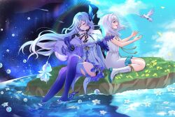  2girls absurdres bird bird_tail bird_wings blue_sky blue_thighhighs blush boots breasts closed_eyes closed_mouth cloud crossed_legs dress dual_persona elbow_gloves flower genshin_impact gloves guitar hair_between_eyes hair_ornament highres holding holding_guitar holding_instrument instrument large_breasts long_hair looking_at_another multiple_girls open_mouth red_eyes sitting skirk_(genshin_impact) sky sleeveless sleeveless_dress smile star_(sky) starry_sky suzuori_fika tail thighhighs very_long_hair wariza white_boots white_dress white_flower white_hair wings 