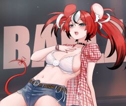  absurdres animal_ears bikini black_hair blue_eyes blue_shorts blush breasts character_name denim denim_shorts female grey_background hakos_baelz highres hololive hololive_english long_hair medium_breasts mouse_ears mouse_girl multicolored_hair open_clothes open_shirt red_hair red_shirt red_tail shirt shorts simple_background solo soup_(soupysoull) swimsuit twintails virtual_youtuber white_bikini white_hair 