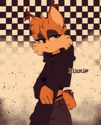  1boy alternate_costume artist_name bad_id bad_twitter_id black_background black_hoodie brown_background bubsy bubsy_(character) checkered_background closed_mouth commentary cowboy_shot crossdressing english_commentary eyeliner eyeshadow feline fishnet_leggings from_side furry grey_shorts half-closed_eyes hand_on_own_arm highres hood hoodie ink_splatter light_frown long_sleeves looking_to_the_side makeup pixie_(milkywaypixies) purple_eyeshadow shorts solo turning_head 