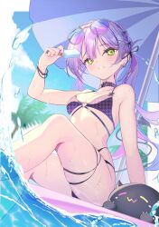  absurdres anichika aviator_sunglasses barbell_piercing beach_umbrella bibi_(tokoyami_towa) bikini black_bow black_collar blurry blurry_background bow braid breasts center-flap_bangs chain_earrings chains cleavage collar colored_inner_hair commentary_request day demon_girl demon_tail double-parted_bangs ear_piercing eyewear_on_head female food gradient-tinted_eyewear gradient_hair green_eyes hair_between_eyes hair_ornament hairbow hand_up heart heart_hair_ornament heart_o-ring highleg highleg_bikini highres holding holding_food holding_popsicle hololive houndstooth industrial_piercing knee_up long_hair looking_at_viewer multi-strapped_bikini_bottom multi-strapped_bikini_top multicolored_hair o-ring o-ring_top outdoors partially_underwater_shot piercing pink_hair pointy_ears pool popsicle print_bikini purple-tinted_eyewear purple_hair side_braids sitting small_breasts solo sunglasses swimsuit tail teeth thigh_strap tinted_eyewear tokoyami_towa twintails umbrella virtual_youtuber 