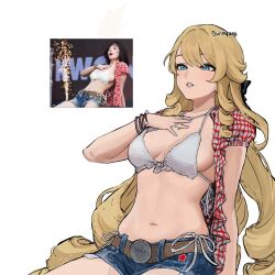  alternate_costume belt blonde_hair blue_eyes blue_shorts bra bracelet breasts brown_belt bunnyoki checkered_clothes checkered_shirt cosplay denim denim_shorts drill_hair drill_sidelocks female genshin_impact gingham_shirt hand_on_own_chest highres jewelry kwon_eun-bi kwon_eun-bi_(cosplay) long_hair medium_breasts navel navia_(genshin_impact) open_mouth reference_inset shirt shorts sidelocks simple_background solo stomach underwear white_background white_bra 
