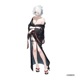  ash_arms bare_shoulders black_kimono blush bracelet breasts cleavage closed_mouth collarbone commentary_request copyright_notice dagger female full_body hair_over_one_eye highres holster il-2m_(ash_arms) japanese_clothes jewelry kimono knife knife_sheath large_breasts looking_at_viewer necklace off_shoulder official_art okobo platform_sandals red_eyes sandals sheath short_hair siiqa_vivi simple_background solo standing tachi-e thigh_holster thigh_strap water_drop weapon white_background white_hair yukata zouri 
