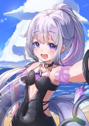  :d absurdres beach black_choker black_one-piece_swimsuit blue_sky blush breasts chest_jewel choker cloud covered_navel day female gem hand_on_own_hip highres hololive hololive_english holonatsu_paradise innertube koseki_bijou koseki_bijou_(holonatsu_paradise) long_hair looking_at_viewer multicolored_hair ocean official_alternate_costume official_alternate_hairstyle one-piece_swimsuit open_mouth outdoors ponytail purple_eyes purple_gemstone sidelocks sky small_breasts smile solo swim_ring swimsuit uminonin46978 very_long_hair virtual_youtuber 