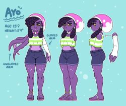  2019 5_toes 6_arms animal_humanoid anklet armwear ass ayo_(lobsteritus) beaded_anklet beaded_jewelry beads black_hair blue_background blue_bottomwear blue_clothing blue_shorts bottomwear breasts cephalopod cephalopod_humanoid character_name choker clothed clothing crop_top denim denim_bottomwear denim_clothing denim_shorts digital_media_(artwork) directional_arrow ear_piercing elbow_gloves english_text eyebrows eyelashes feet female female_symbol fingerless_gloves flat_colors footwear freckled_face freckled_legs freckled_thighs freckles furgonomic_armwear furgonomics gender_symbol gloves green_clothing green_crop_top green_shirt green_topwear hair half-closed_eyes handwear headgear headwear hi_res humanoid jewelry lips lobsteritus looking_at_viewer marine marine_humanoid midriff model_sheet mollusk mollusk_humanoid mouth_closed multi_arm multi_limb multicolored_clothing multicolored_crop_top multicolored_headwear multicolored_shirt multicolored_topwear multiple_angles nails narrowed_eyes necklace octopus_humanoid outline piercing pink_choker pink_clothing pink_footwear pink_headwear pink_jewelry pink_necklace pink_sandals pockets purple_body purple_skin sandals shirt shoes shorts simple_background solo standing stated_adult stated_age stated_height striped_crop_top symbol tentacle_arms text thick_lips thick_thighs toenails toes topwear two_tone_clothing two_tone_crop_top two_tone_headwear two_tone_shirt two_tone_topwear white_armwear white_clothing white_crop_top white_elbow_gloves white_eyes white_fingerless_gloves white_gloves white_handwear white_headwear white_outline white_topwear yellow_sclera 