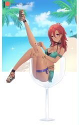  absurdres bare_legs bare_shoulders beach bikini bracelet breasts choker cleavage dark-skinned_female dark_skin female fire_emblem fire_emblem:_three_houses fire_emblem_heroes food glass green_bikini hapi_(fire_emblem) hapi_(summer)_(fire_emblem) highres holding holding_spoon ice_cream jewelry large_breasts leg_up lilshironeko navel official_alternate_costume outdoors palm_tree platform_sandals red_eyes red_hair sandals shaved_ice sitting solo spoon stomach swimsuit tree water 