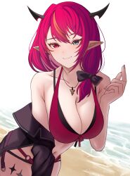  absurdres artist_request bare_shoulders beach bikini black_bow black_jacket bow breasts cleavage closed_mouth collarbone female hairbow heterochromia highres hololive hololive_english holonatsu_paradise horns irys_(hololive) irys_(holonatsu_paradise)_(hololive) jacket jewelry large_breasts looking_at_viewer multicolored_hair navel necklace o-ring off_shoulder official_alternate_costume pointy_ears red_bikini smile solo streaked_hair swimsuit virtual_youtuber white_background 