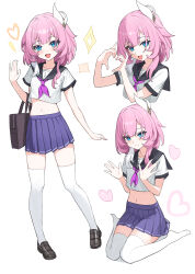  absurdres alternate_costume bag black_shoes blue_eyes blue_skirt breasts cyrene_(honkai:_star_rail) female heart heart_hands highres honkai:_star_rail honkai_(series) lao_xi medium_hair midriff miniskirt multicolored_hair multiple_views navel no_shoes pink_hair pleated_skirt school_uniform serafuku shoes shoulder_bag sitting skirt small_breasts thighhighs two-tone_hair wariza white_background white_hair white_serafuku white_thighhighs 