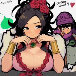  1boy :i armlet black_eyes black_hair bracelet breasts brown_hair cleavage cloak copyright_name couple deborah_(dq5) dragon_quest dragon_quest_v dress english_commentary female floating_clothes flower fur_shawl gem gold_bracelet green_gemstone hair_flower hair_ornament heart hero_(dq5) highres jewelry large_breasts lipstick_mark looking_at_another looking_to_the_side lunchiblz mole mole_under_eye necklace pink_dress pink_lips pout purple_cloak purple_turban red_flower red_nails red_rose red_trim rose shawl silver_armlet slime_(dragon_quest) straight tunic turban updo white_background white_tunic 