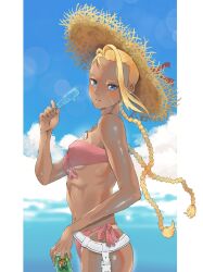  beach belt bikini blonde_hair blue_eyes blue_sky blush braid cammy_white can cowboy_shot dog_tags female food from_side hat highres holding holding_can holding_food holding_popsicle looking_at_viewer pink_bikini popsicle santon_no_omomi scar scar_on_cheek scar_on_face sky strapless strapless_bikini straw_hat street_fighter street_fighter_6 swimsuit tan tanlines twin_braids white_belt 