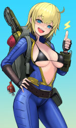  :d ahoge backpack bag belt bikini bikini_top_only black_bikini black_gloves blonde_hair blue_bodysuit blue_eyes bodysuit breasts contrapposto fallout fingerless_gloves gloves hand_on_own_hip highres medium_breasts navel open_bodysuit open_clothes pouch short_hair smile sunao_(70_the) swimsuit teeth thumbs_up upper_teeth_only vault_girl vault_suit very_short_hair 