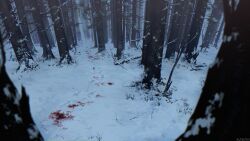  23i2ko atmospheric_perspective bare_tree blood blood_on_ground blood_stain branch footprints forest grass highres implied_injury nature no_humans original scenery snow tree winter 