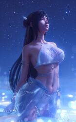  armlet belly_chain bikini bikini_skirt black_hair breasts cleavage closed_eyes female final_fantasy final_fantasy_vii final_fantasy_vii_ever_crisis hair_bun head_back highres jewelry long_hair navel night official_alternate_costume official_alternate_hairstyle see-through_clothes see-through_skirt showgirl_skirt single_hair_bun skirt smile solo sreliata stomach swimsuit tifa_lockhart tifa_lockhart_(passion_mermaid) very_long_hair white_bikini 
