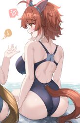  2girls animal_ears ass bare_shoulders black_one-piece_swimsuit breasts brown_hair commentary competition_swimsuit dantsu_flame_(umamusume) highres horse_ears horse_girl horse_tail kibihimi large_breasts looking_at_another multiple_girls one-piece_swimsuit paid_reward_available poolside sitting skindentation solo_focus spoken_food swimsuit symbol-only_commentary tail tail_through_clothes umamusume wet white_hair 