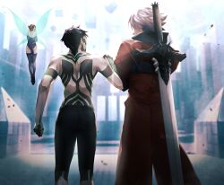  2boys absurdres aqua_wings arms_behind_back back bare_shoulders black_shorts blue_gloves blue_leotard blue_thighhighs clenched_hand coat commentary_request crossover dante_(devil_may_cry) debris demi-fiend demon_(megami_tensei) devil_may_cry_(series) elbow_gloves fairy fairy_wings feet_out_of_frame female floating_rock flying from_behind full-body_tattoo gloves hand_on_another&#039;s_arm hand_on_own_arm highres kiriko_(42g8ak3107) leotard light_rays long_sleeves long_sword looking_at_another looking_to_the_side median_furrow multiple_boys neon_trim pixie_(megami_tensei) rebellion_(sword) red_coat red_hair shin_megami_tensei shin_megami_tensei_iii:_nocturne short_hair shorts sunbeam sunlight sword sword_on_back tattoo thighhighs tile_floor tiles topless_male transparent_wings twitter_username underbutt walking weapon weapon_on_back white_hair wings 
