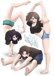  1boy 2girls absurdres alice_gunlock barefoot blue_panties brown_hair dolphin_shorts fav_faris full_body hair_over_one_eye handstand highres leg_hold looking_at_viewer midriff multiple_girls navel original panties short_hair short_sleeves shorts simple_background smile standing standing_on_one_leg stretching thighs underwear 