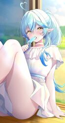  adversarial_noise ahoge artist_request blue_hair blush choker colored_tips dress eating elf female food food_in_mouth hair_between_eyes heart heart_ahoge highres holding holding_food hololive holonatsu_paradise long_hair looking_at_viewer multicolored_hair official_alternate_costume panties pointy_ears ponytail popsicle popsicle_in_mouth sitting solo thighs underwear virtual_youtuber white_dress yellow_eyes yukihana_lamy yukihana_lamy_(holonatsu_paradise) 