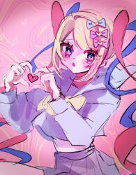  :o blonde_hair blue_eyes blue_hair blue_serafuku blush bow chest_bow chouzetsusaikawa_tenshi-chan colored_tips cowboy_shot female floating_clothes hairbow heart heart_hands heart_in_heart_hands highres looking_at_viewer midriff multicolored_hair multiple_hair_bows needy_girl_overdose osakana_tarou_(sakana0_03) pink_background pink_hair quad_tails school_uniform serafuku solo wind 