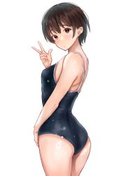  ass black_hair blue_one-piece_swimsuit breasts brown_eyes competition_school_swimsuit female from_behind looking_at_viewer looking_back medium_breasts nobita_(nbnobita) one-piece_swimsuit original school_swimsuit short_hair simple_background small_breasts solo standing swimsuit tomboy v white_background 