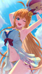  ;d ahoge armpits arms_up ball bare_arms beachball bikini blonde_hair blue_eyes bow bracelet breasts cleavage cowboy_shot female floating_hair flower hair_flower hair_ornament hairband hairbow highres jewelry large_breasts long_hair navel one_eye_closed pecorine_(princess_connect!) princess_connect! red_bow side-tie_bikini_bottom smile solo standing swimsuit upsilon3219 very_long_hair white_bikini white_hairband yellow_flower 