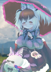  absurdres animal_ears bat_ears bat_girl bat_wings brown_eyes brown_hair brown_long-eared_bat_(kemono_friends) dress extra_ears female grey_hair highres holding holding_umbrella kemono_friends kemono_friends_v_project long_hair looking_at_viewer multicolored_hair neck_ribbon nekomar_nknk outdoors poporu_(kemono_friends) ribbon shirt skirt streaked_hair stuffed_toy sunglasses twintails umbrella virtual_youtuber wings 