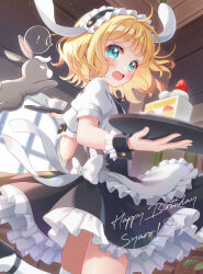  ! animal_ears apron aqua_eyes black_shoes black_skirt blonde_hair blush cake cake_slice character_name commentary cowboy_shot cup day english_text fake_animal_ears female fleur_de_lapin_uniform floppy_ears food frilled_apron frilled_hairband frilled_skirt frills from_behind fruit gochuumon_wa_usagi_desu_ka? hairband happy_birthday heart highres holding holding_tray indoors kirima_syaro lolita_hairband looking_at_viewer looking_back mozukun43 open_mouth puffy_short_sleeves puffy_sleeves rabbit rabbit_ears shirt shoes short_hair short_sleeves signature skirt solo spoken_exclamation_mark strawberry strawberry_shortcake suspender_skirt suspenders thighhighs tray waist_apron waitress white_apron white_shirt white_thighhighs wild_geese window wrist_cuffs 
