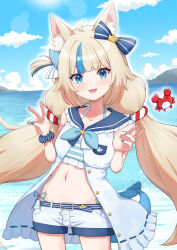  animal_ear_fluff animal_ears belt bikini bikini_under_clothes blonde_hair blue_bow blue_eyes blue_hair blue_nails blue_sailor_collar blush bow cat_ears cloud cowboy_shot crab day double_v dress female fins fish_girl fish_tail hairbow highres indie_virtual_youtuber kaniki_(sameko_saba) lifebuoy_hair_ornament long_hair looking_at_viewer low_twintails midriff multicolored_hair nail_polish namazu02_tky navel ocean oerba_yun_fang open_clothes open_dress open_mouth outdoors sailor_collar sameko_saba scrunchie shorts sky solo standing streaked_hair striped_bikini striped_clothes sun swimsuit tail twintails v very_long_hair virtual_youtuber white_dress white_shorts wrist_scrunchie 