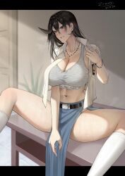  absurdres artist_name belt belt_buckle black_belt black_hair bracelet breasts brown_eyes buckle cleavage clothes_writing collarbone collared_shirt commentary dated desk door double-parted_bangs english_commentary female grey_skirt grey_sports_bra hair_between_eyes highres hot huge_breasts indoors jewelry kneehighs letterboxed light_blush linea_alba long_bangs long_hair looking_ahead midriff navel necklace on_desk open_clothes open_shirt original outside_border panties panty_peek parted_lips pearl_bracelet pearl_necklace pelvic_curtain school_uniform shirt short_sleeves side_slit sitting skirt socks sports_bra spread_legs steam steaming_body sweat thighs underwear underwear_writing white_panties white_shirt white_socks wing_collar zaenathi 