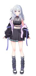  absurdres barcode barcode_tattoo black_jacket black_shirt black_shoes black_skirt breasts closed_mouth cropped_shirt female full_body grey_hair grey_socks hair_bun hechima_(issindotai) highres hood hooded_jacket jacket jacket_partially_removed kneehighs long_hair long_sleeves looking_at_viewer loose_socks medium_breasts midriff miniskirt multicolored_shoes navel official_art open_mouth parallel_artist_project pleated_skirt purple_eyes see-through_clothes shirakasa_kurage shirt shoes simple_background single_side_bun skirt sleeveless sleeveless_shirt sneakers socks solo standing straight-on tattoo transparent_background two-sided_fabric two-sided_jacket two-tone_shoes virtual_youtuber white_background white_shoes 