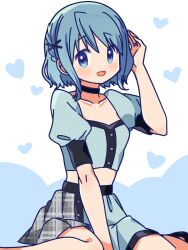  :d absurdres alternate_costume alternate_hairstyle asymmetrical_skirt blue_background blue_eyes blue_hair blue_skirt blue_sleeves blush collarbone crop_top female grey_skirt hair_ornament heart heart_background highres jewelry mahou_shoujo_madoka_magica midriff miki_sayaka miniskirt pleated_skirt ring ruru_(rurumagi) short_sleeves sitting skirt smile solo stomach two-tone_background wariza wedding_ring white_background x_hair_ornament 