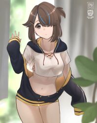  absurdres alice_gunlock breasts brown_eyes brown_hair crop_top fav_faris female hair_over_one_eye highres long_sleeves midriff navel no_panties no_pants original short_hair thighs 