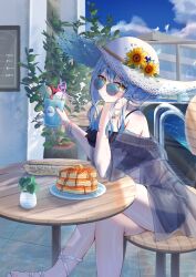 absurdres alternate_costume bare_shoulders bikini black_bikini blue_hair blue_nails blue_sky blush bracelet cafe crossed_legs cup day drink drinking_glass drinking_straw feet female flower food frills fruit hair_between_eyes hat hat_flower head_rest highres holding holding_cup hololive jewelry long_hair looking_at_viewer looking_over_eyewear menu_board navel outdoors pancake plant pointy_ears sandals see-through_clothes sidelocks sitting sky solo straw_hat sun_hat sunflower sunglasses swimsuit table toes ulooon11 virtual_youtuber yellow_eyes yukihana_lamy 