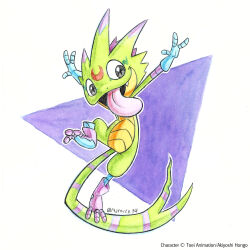  action_pose anthro bandai_namco clothing digimon digimon_(species) digimon_beatbreak footwear gekkomon gloves green_body handwear hi_res long_tongue male pose radrouen94 scalie smile socks solo toe_socks tongue tongue_out 