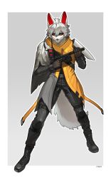  2025 5_fingers absurd_res anthro black_sclera bottomwear canid canine canis clothed clothed_anthro clothed_male clothing digital_media_(artwork) fingers footwear front_view fully_clothed fully_clothed_anthro fully_clothed_male fur gloves gun hair handwear hi_res holding_gun holding_object holding_ranged_weapon holding_weapon male mammal pants pgm300 ranged_weapon shoes simple_background solo standing tail topwear weapon white_body white_fur white_hair white_tail wolf yellow_eyes 