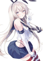  anchor_hair_ornament animal_ear_hairband animal_ears black_hairband black_neckerchief black_panties blonde_hair blue_sailor_collar blue_skirt blush commentary cowboy_shot crop_top cropped_shirt crossed_bangs double-parted_bangs elbow_gloves fake_animal_ears female from_side gloves grey_eyes hair_ornament hairband highleg highleg_panties highres kantai_collection long_hair long_sidelocks looking_at_viewer midriff neckerchief panties parted_lips rabbit_ear_hairband rabbit_ears red_thighhighs sailor_collar shikuro_(iorimiyakiyo) shimakaze_(kancolle) shirt sidelocks simple_background skirt sleeveless sleeveless_shirt solo striped_clothes striped_thighhighs thighhighs underwear v very_long_hair white_background white_gloves white_shirt white_thighhighs 