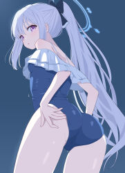  absurdres adjusting_clothes adjusting_swimsuit aikawa_yuduki arms_behind_back ass blue_archive blue_background blue_halo blue_one-piece_swimsuit breasts crotch female frilled_one-piece_swimsuit frills from_below halo highres light_blush long_hair looking_at_viewer looking_back miyako_(blue_archive) miyako_(swimsuit)_(blue_archive) off-shoulder_one-piece_swimsuit off_shoulder official_alternate_costume official_alternate_hairstyle one-piece_swimsuit parted_lips ponytail purple_eyes sidelocks simple_background small_breasts solo swimsuit thighs white_hair wispy_bangs 