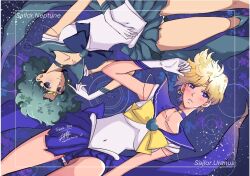  2girls aqua_choker aqua_hair bishoujo_senshi_sailor_moon blonde_hair blue_bow blue_bowtie blue_choker blue_sailor_collar blue_skirt bow bowtie breasts brooch character_name choker circlet commentary earrings english_commentary gloves hannaphilip heart heart_brooch jewelry kaiou_michiru leotard long_hair looking_at_viewer lying magical_girl miniskirt multiple_girls purple_eyes sailor_collar sailor_neptune sailor_senshi sailor_senshi_uniform sailor_uranus short_hair signature skirt star_(symbol) star_choker ten&#039;ou_haruka white_gloves white_leotard yellow_bow yellow_bowtie 
