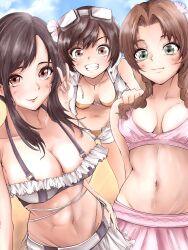  abs aerith_gainsborough aerith_gainsborough_(pink_mermaid) bikini bikini_skirt black_hair breasts brown_hair final_fantasy final_fantasy_vii final_fantasy_vii_ever_crisis final_fantasy_vii_rebirth final_fantasy_vii_remake flower frilled_bikini frills hair_flower hair_ornament highres huge_breasts medium_breasts official_alternate_costume orange_bikini pink_bikini ribaton1213 smile swimsuit tifa_lockhart tifa_lockhart_(shining_spirit) toned toned_female white_bikini yuffie_kisaragi yuffie_kisaragi_(summer_moogle) 