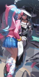  2girls absurdres black_bow black_choker black_gloves black_umbrella blue_hair blue_skirt blush bow butyou_(mika1412) choker closed_mouth collarbone dark_miku_(project_voltage) earrings fairy_miku_(project_voltage) gloves hair_between_eyes hair_ornament hat hat_bow hatsune_miku highres holding holding_umbrella jewelry leg_warmers long_hair long_sleeves looking_at_viewer microphone multicolored_hair multiple_girls number_tattoo obstagoon official_alternate_costume official_alternate_hairstyle open_mouth pink_eyes pink_hair pink_nails pink_shoes plaid_clothes plaid_skirt pokemon project_voltage shoes skirt smile tattoo twintails umbrella very_long_hair vocaloid white_hat white_leg_warmers wide_sleeves x_eye 