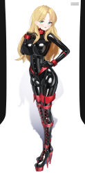  absurdres aqua_eyes black_bodysuit black_corset blonde_hair bodysuit boots breasts collar corset cuffs female full_body garter_straps hand_on_own_hip high_heel_boots high_heels highres lace-up_boots large_breasts latex latex_bodysuit lipstick long_hair looking_at_viewer maguro27 makeup microphone mole mole_under_mouth original platform_heels shadow shiny_clothes skin_tight skindentation solo standing sweat thigh_boots 
